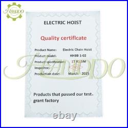 1 Ton Electric Chain Hoist, Single Phase 2200Lbs 10ft Lift Height G80 110V 750W