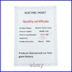 1 Ton Electric Chain Hoist, Single Phase 2200Lbs 10ft Lift Height G80 110V 750W