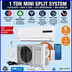 12000 BTU Mini Split Air Conditioner Heat Pump 1 Ton 110V R32 WiFi Ductless AHRI