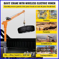 1Ton/2200lbs Davit Crane 360° Swivel Electric Truck Crane Wireless Control 12V