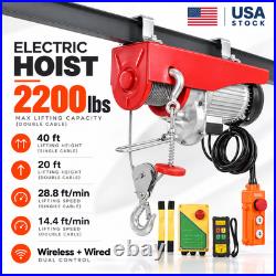 2200 Lbs Electric Wire Rope Hoist Double Cable 20 Ft Wireless Wired Remote 1-Ton