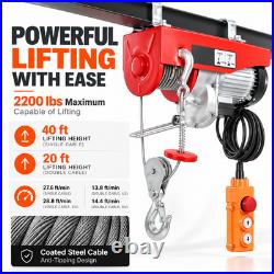 2200 Lbs Electric Wire Rope Hoist Double Cable 20 Ft Wireless Wired Remote 1-Ton