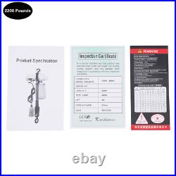 2200LBS/ 1 Ton Electric Chain Hoist Single Phase Hoist Crane 10 FT Chain 110V US