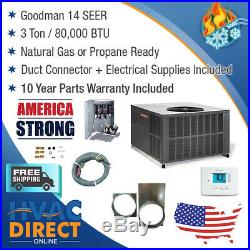 3 Ton 14 SEER 80K BTU Goodman Gas Package Unit Install Kit, Free Accessories