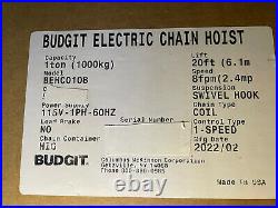 BUDGIT BEHC MANGUARD ELECTRIC CHAIN HOIST -1 TON CAPACITY, 8 FPM, 20ft Lift. New