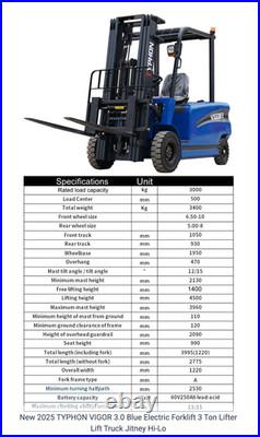 Brand New Electric Forklift 3 Ton Rated Capacity Lifter Truck USA w side shift