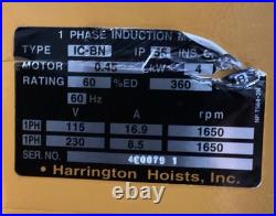 HARRINGTON SNER010L-15 Electric Chain Hoist H4 Heavy Duty 115/230V AC Hook Mount