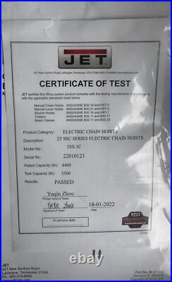 JET 2SS-3C-15 230V/460V 2 Ton 3 Phase Electric Chain Hoist with 15' Lift New