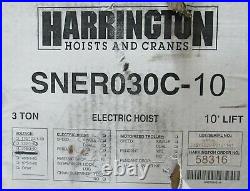 New Harrington Sner030c-10 Electric Hoist 3 Ton 10 Ft Sner030c10